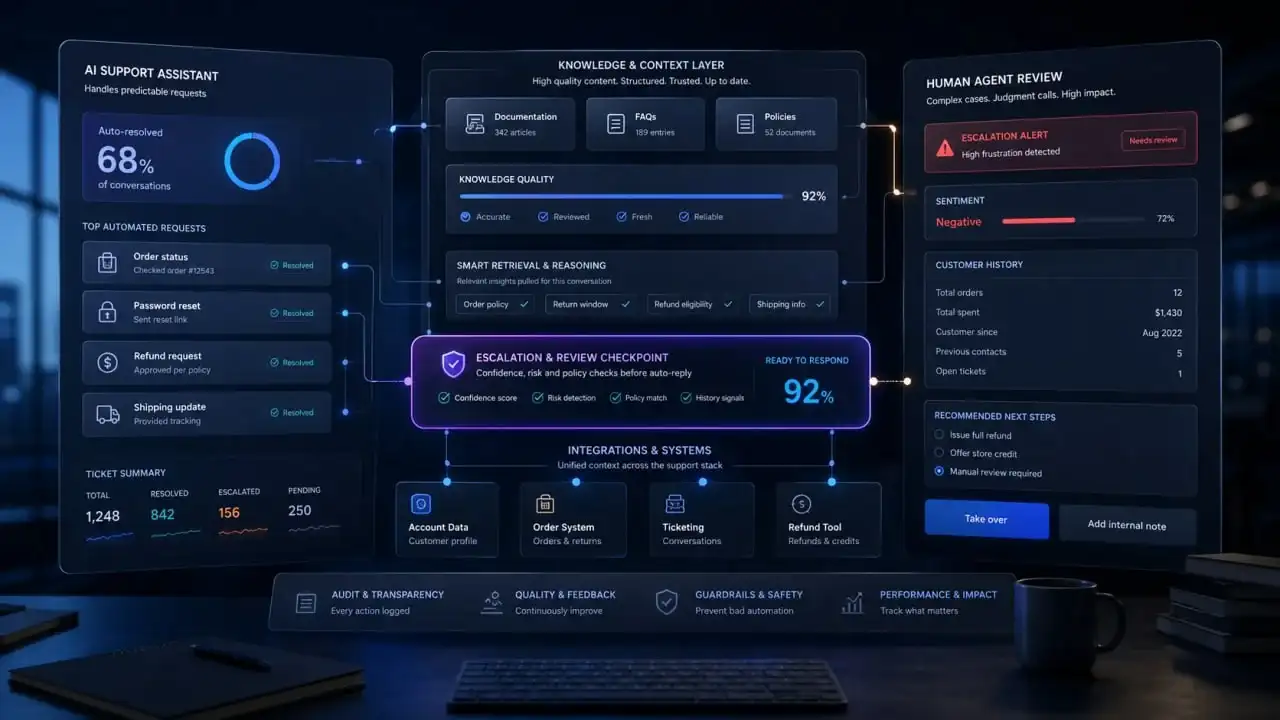 AI customer support dashboard showing escalation checkpoint, knowledge layer, and human review panel