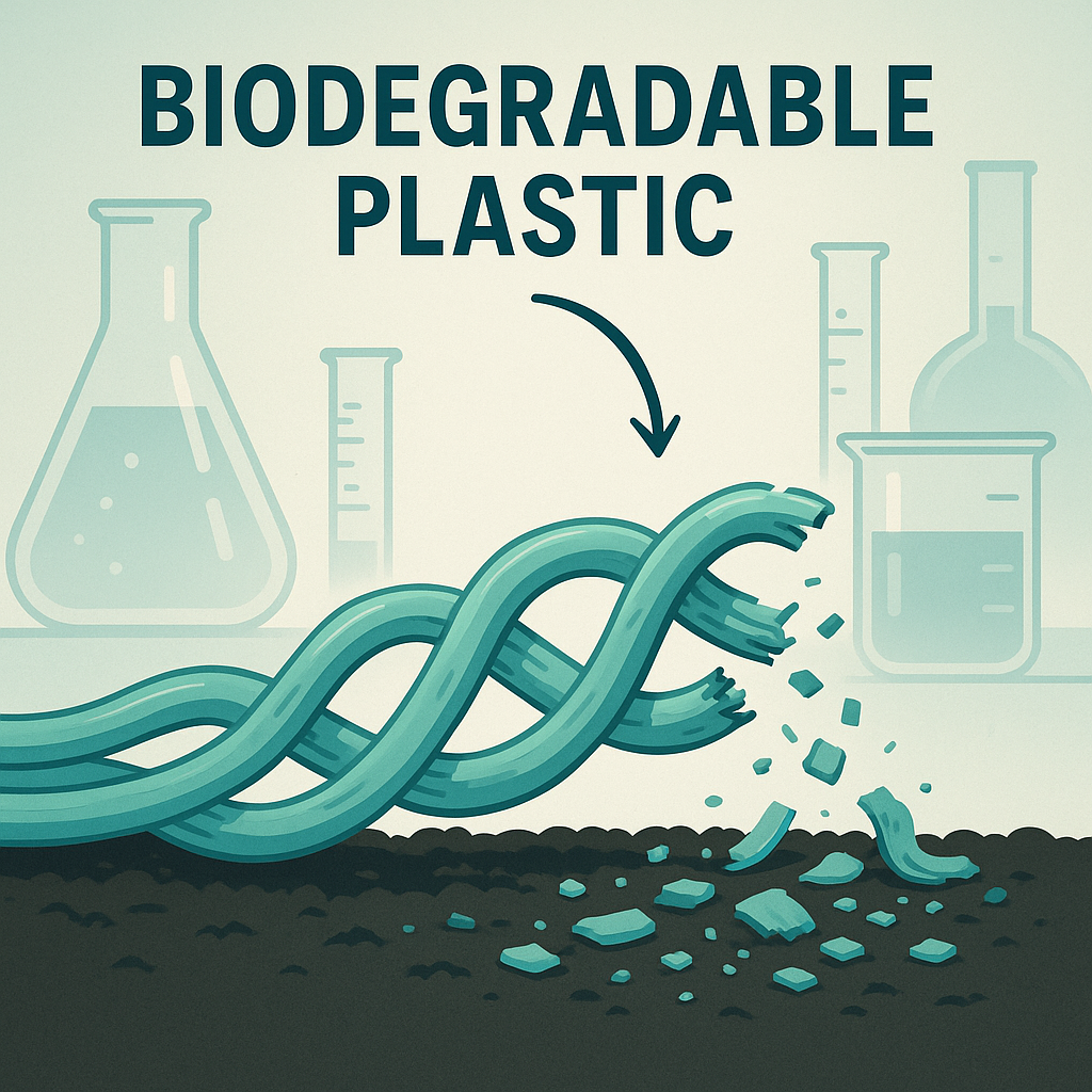 Biodegradable polymer strands decomposing under natural light in a laboratory environment.