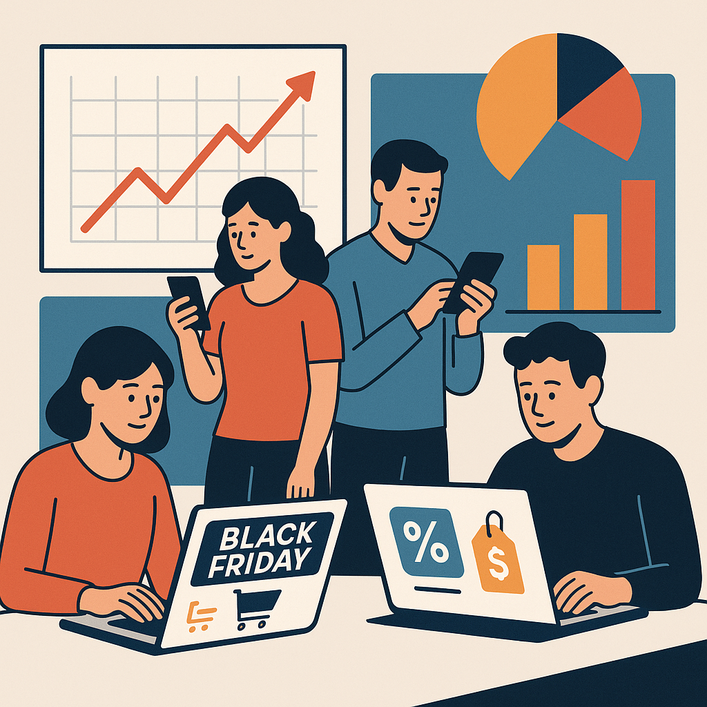 Shoppers browsing Black Friday deals online with charts highlighting record sales.
