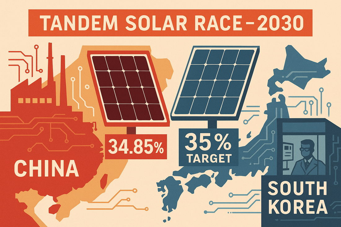 Chinese and South Korean tandem solar modules facing off under a sunrise
