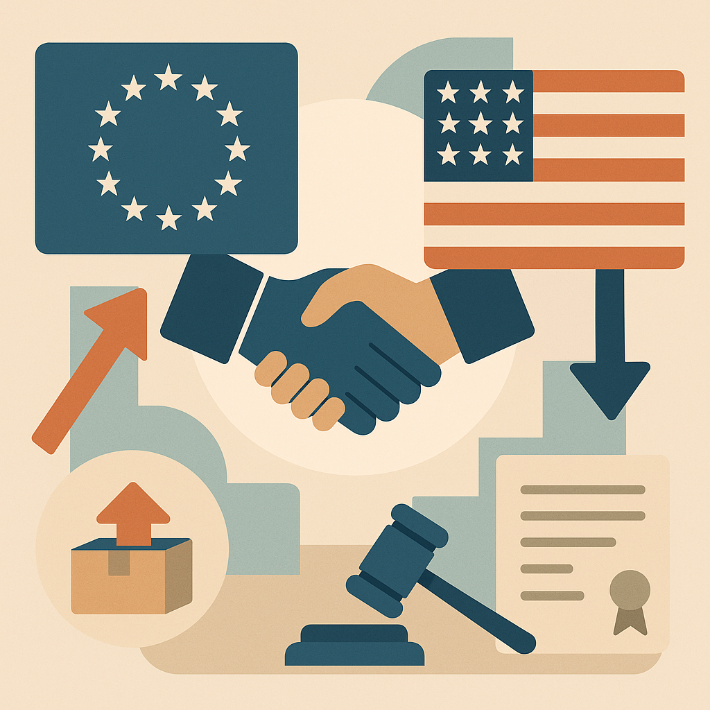 European and American flags overlaying cargo containers to illustrate tariff changes.