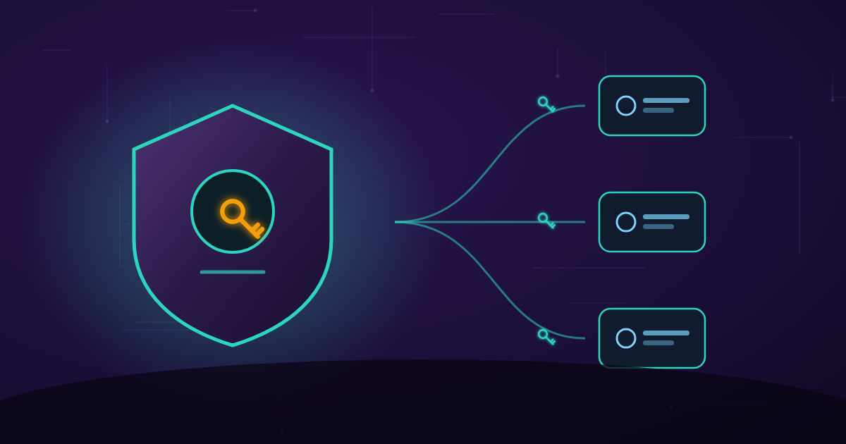 A single glowing API key locked in a local vault while multiple AI agents receive scoped stand-in keys