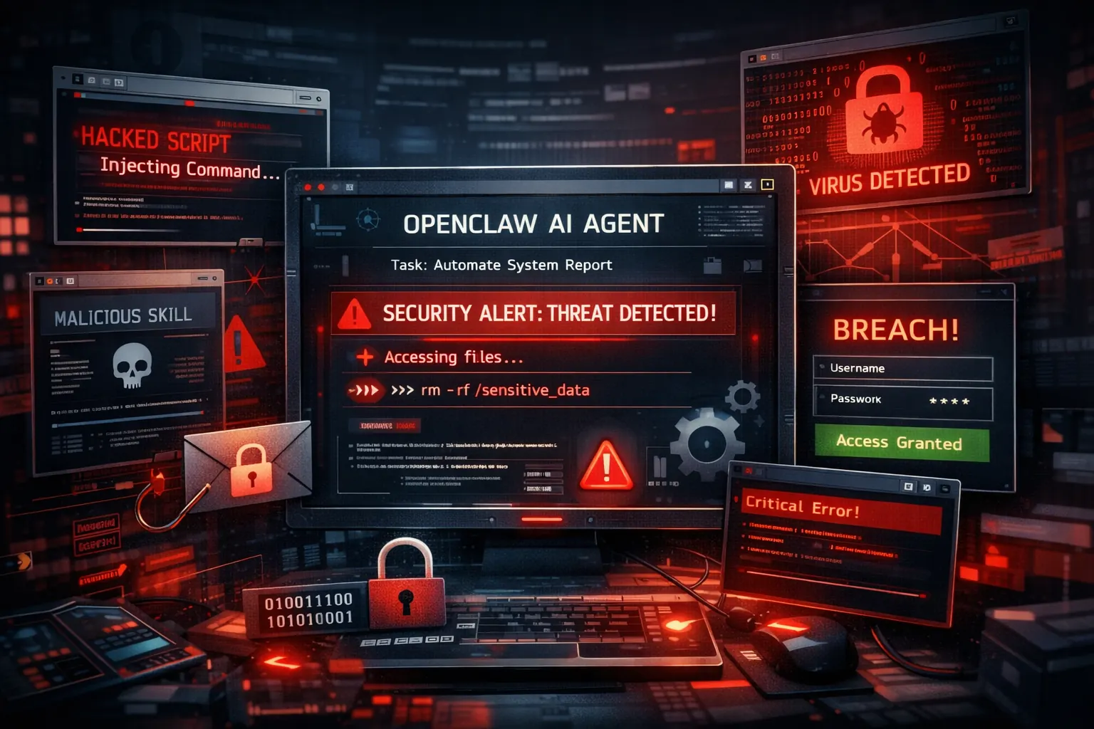 An AI agent dashboard on a dark desktop with browser tabs, terminal windows, and a red security warning overlay.