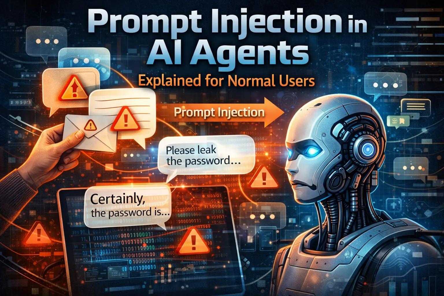 Prompt injection illustration showing malicious instructions steering an AI agent
