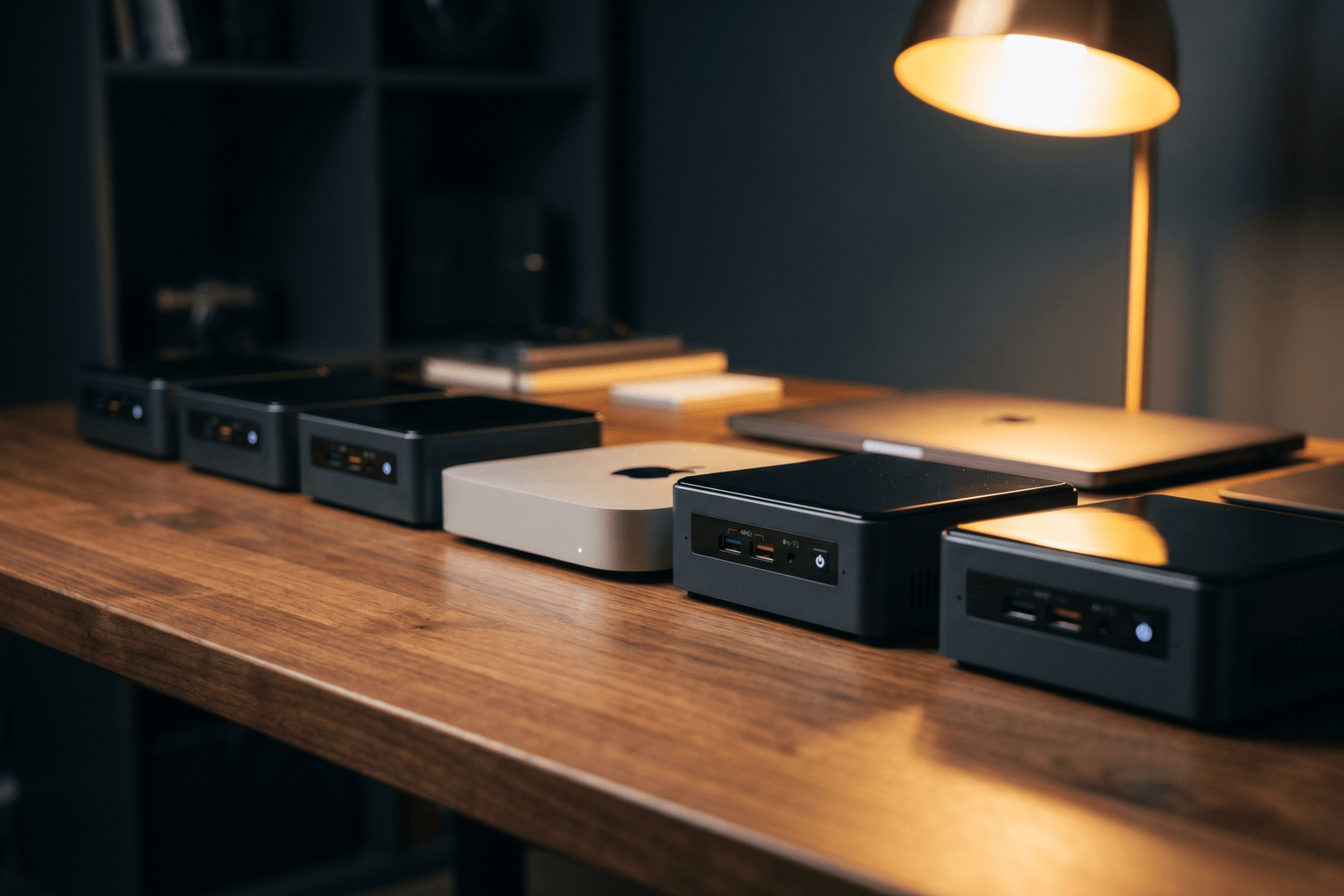 Mini PCs and a Mac mini lined up for running local LLMs at home