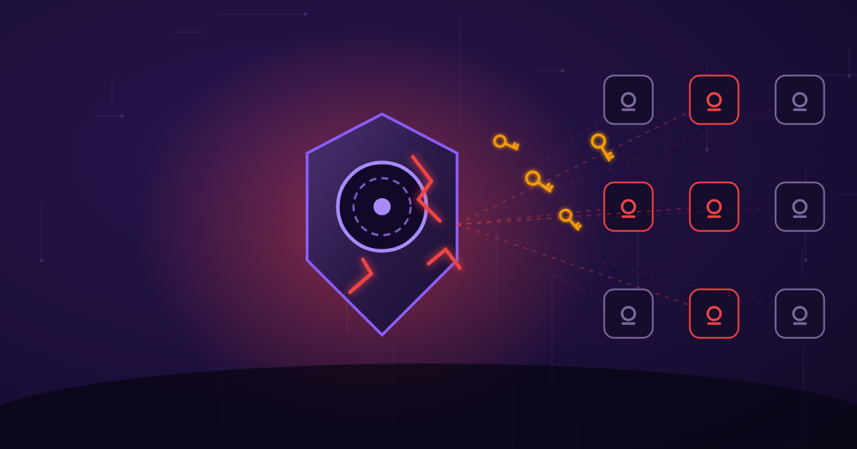 A cracked central credential vault leaking scoped keys toward rows of connected service nodes on a dark cinematic background