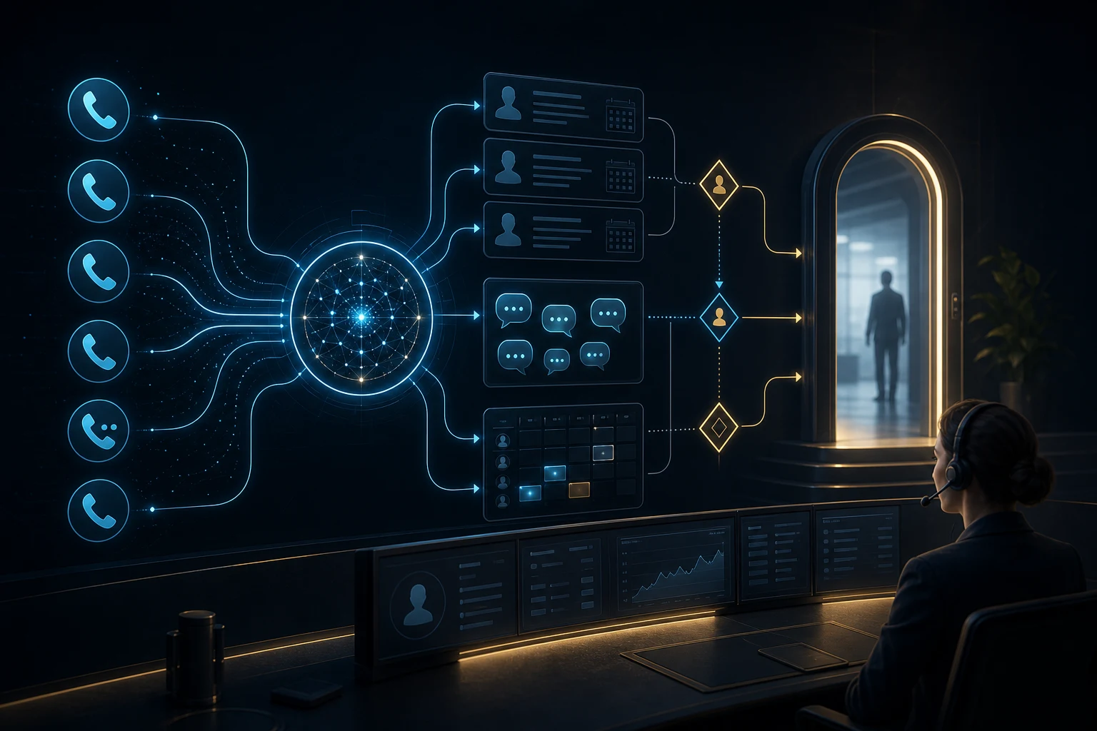 Dark front-desk operations dashboard showing AI intake, call routing, appointment cards, and a human handoff gate