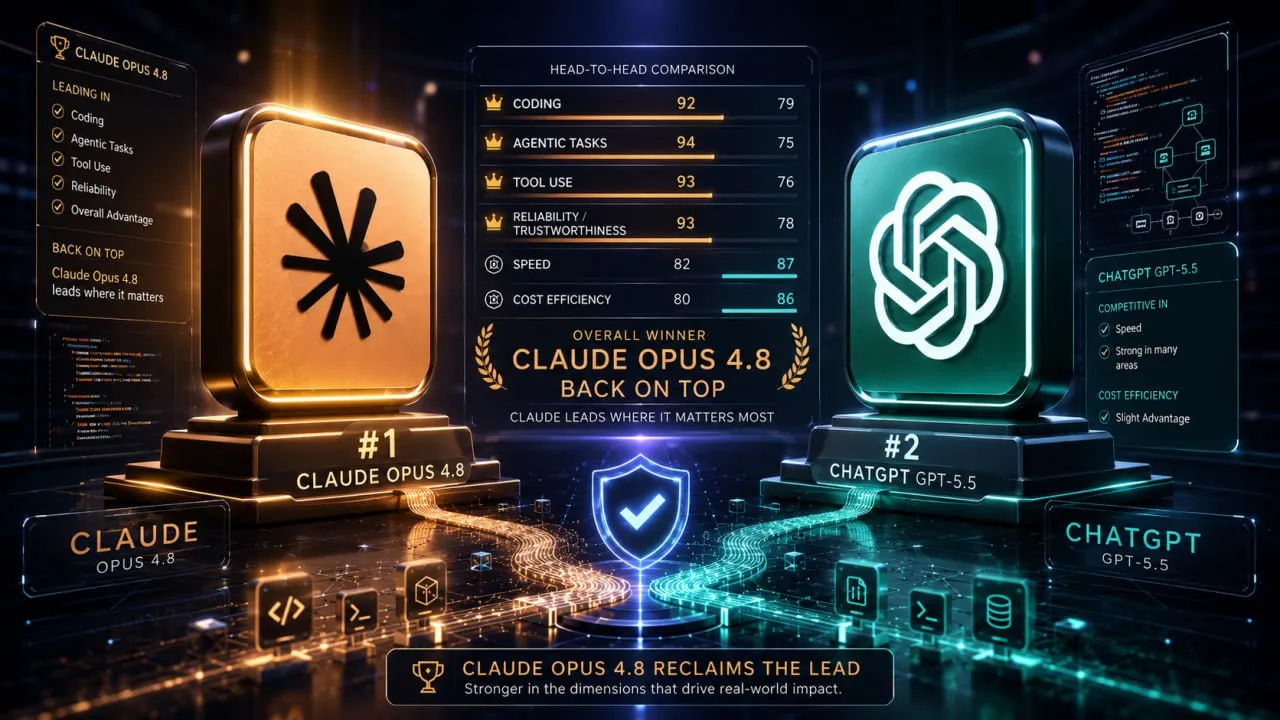 Claude Opus 4.8 and GPT-5.5 frontier model leaderboard comparison on a dark dashboard with agentic benchmark bars