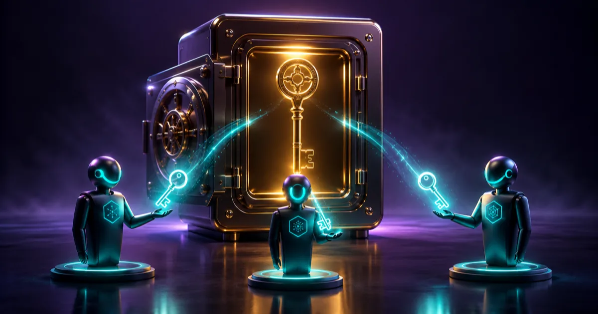A single glowing API key locked in a local vault while multiple AI agents receive scoped stand-in keys