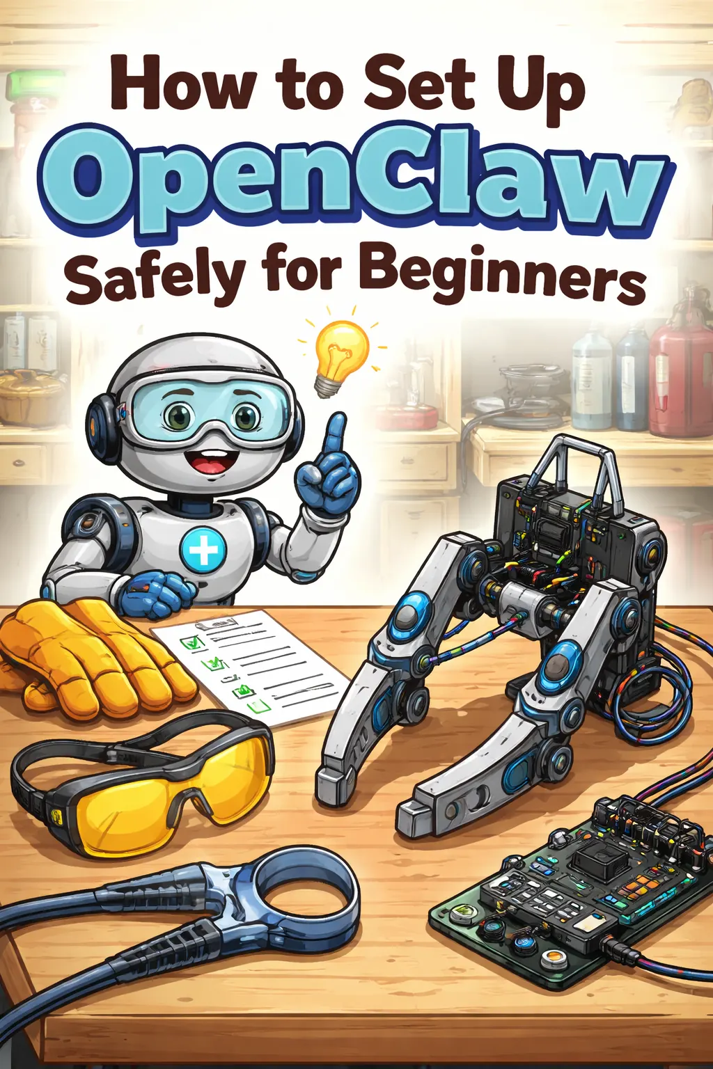 OpenClaw setup image showing a beginner-friendly workbench with safety gear, a checklist, and a robot assistant