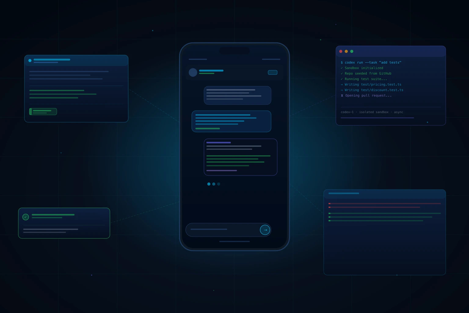 OpenAI Codex running a GitHub coding task on a phone in the ChatGPT mobile app, dark cinematic interface