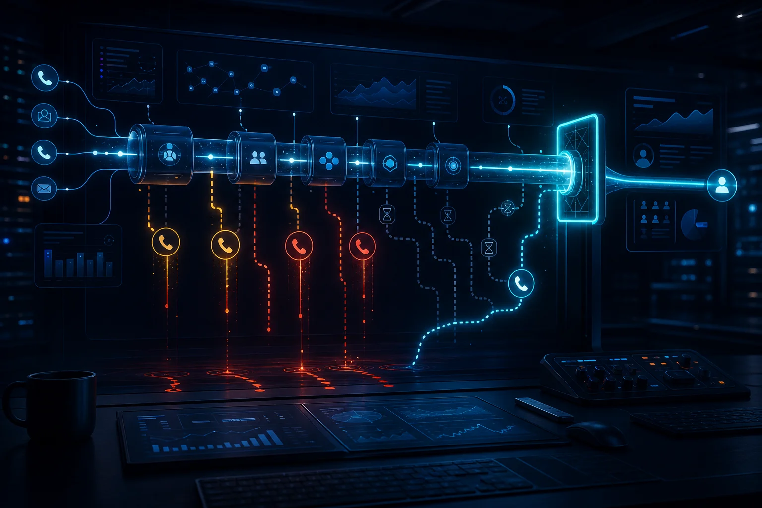 Dark operator dashboard showing missed calls, delayed follow-up paths, and a highlighted lead leak