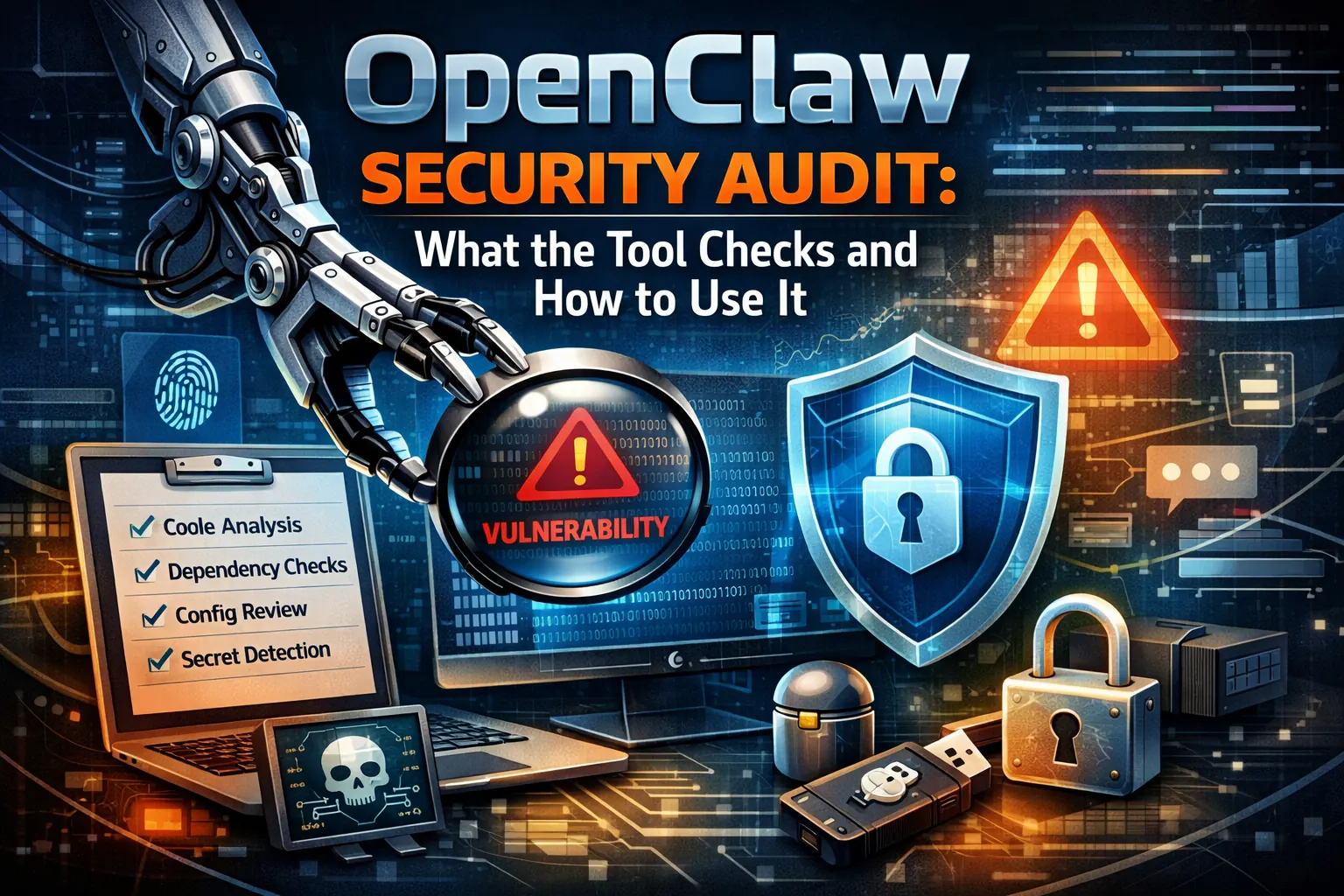 OpenClaw security audit image showing a shield, vulnerability checks, and audit tooling