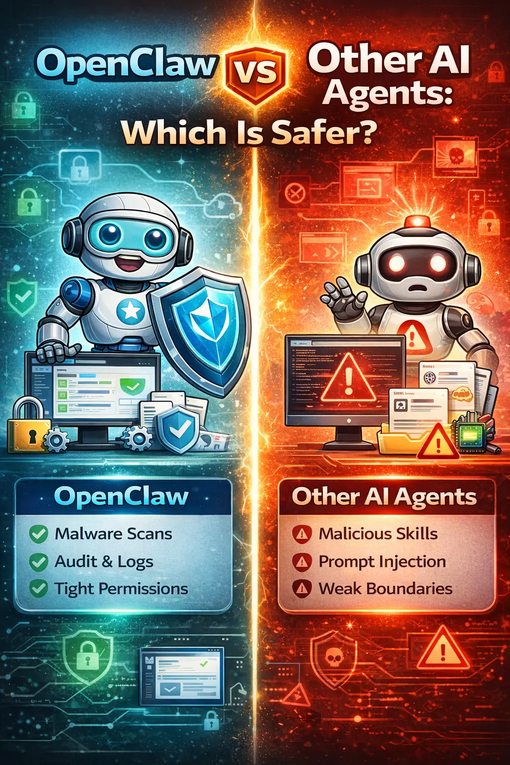 Split comparison image contrasting OpenClaw security controls with riskier AI agent setups