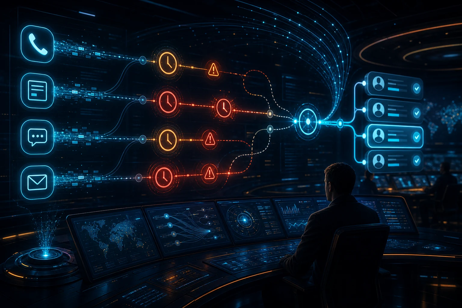 Dark operations dashboard showing speed-to-lead timers, inbound lead paths, and a clean follow-up route